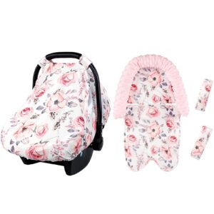 Baby Car Seat Cover and Baby Carseat Head Support & Strap Cover, Car Seat Canopy with Zipper Mesh, Watercolor Pink Floral