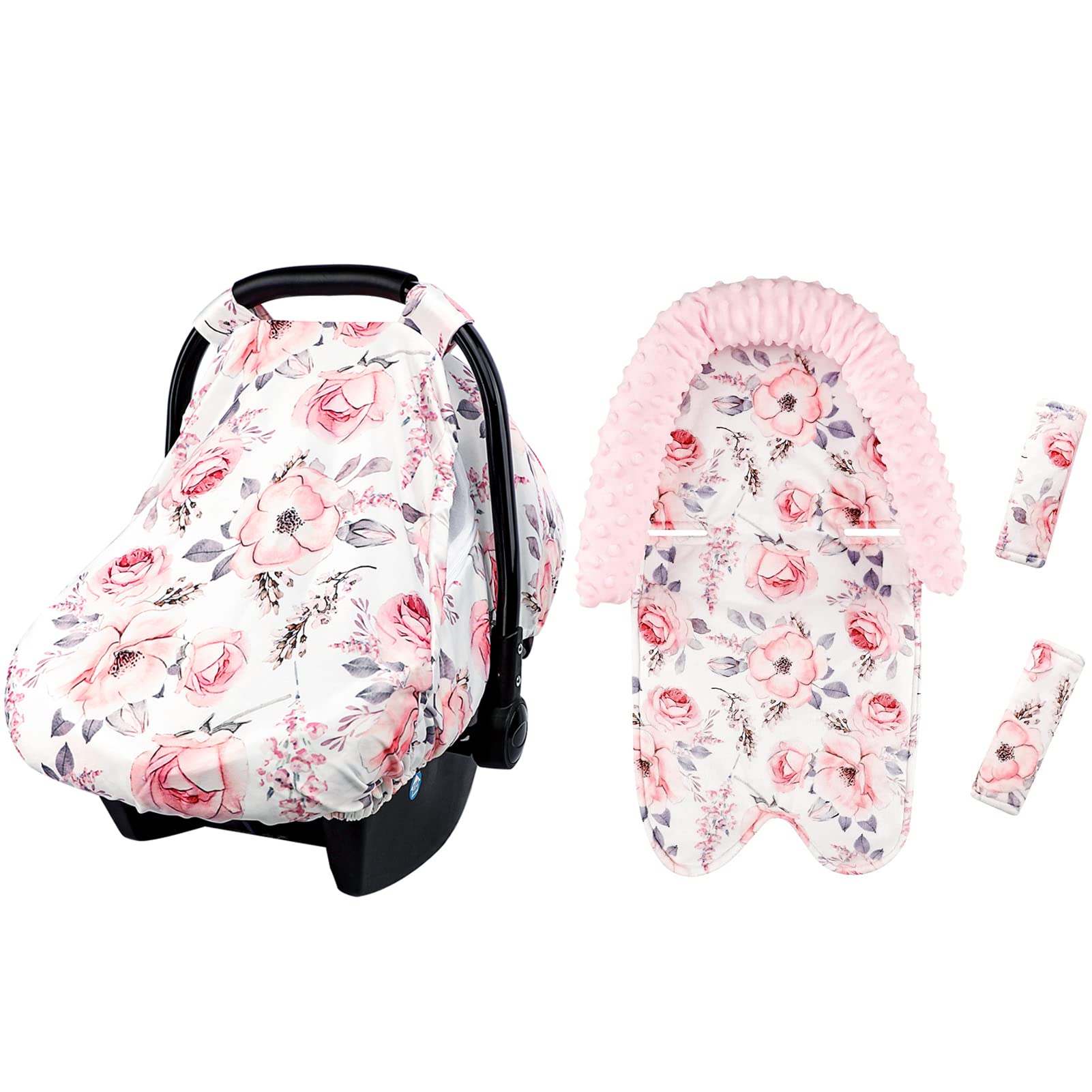 Baby Car Seat Cover and Baby Carseat Head Support & Strap Cover, Car Seat Canopy with Zipper Mesh, Watercolor Pink Floral