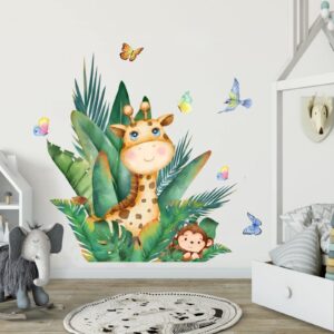 Green Plants Wall Decals Tropical Leaves Giraffe Wall Stickers Lettering Motivational Stickers for Bedroom Living Room Nursery Bathroom Classroom Playroom Home Decor (Animal)