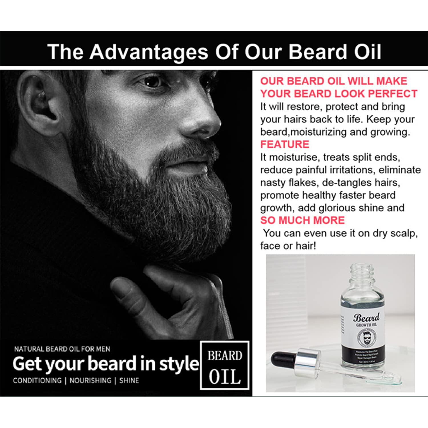 DISAAR Beauty Beard Growth Oil Daily Support Formula Moisturizing Roots Repair Damaged Hair 30ml / 1fl.oz