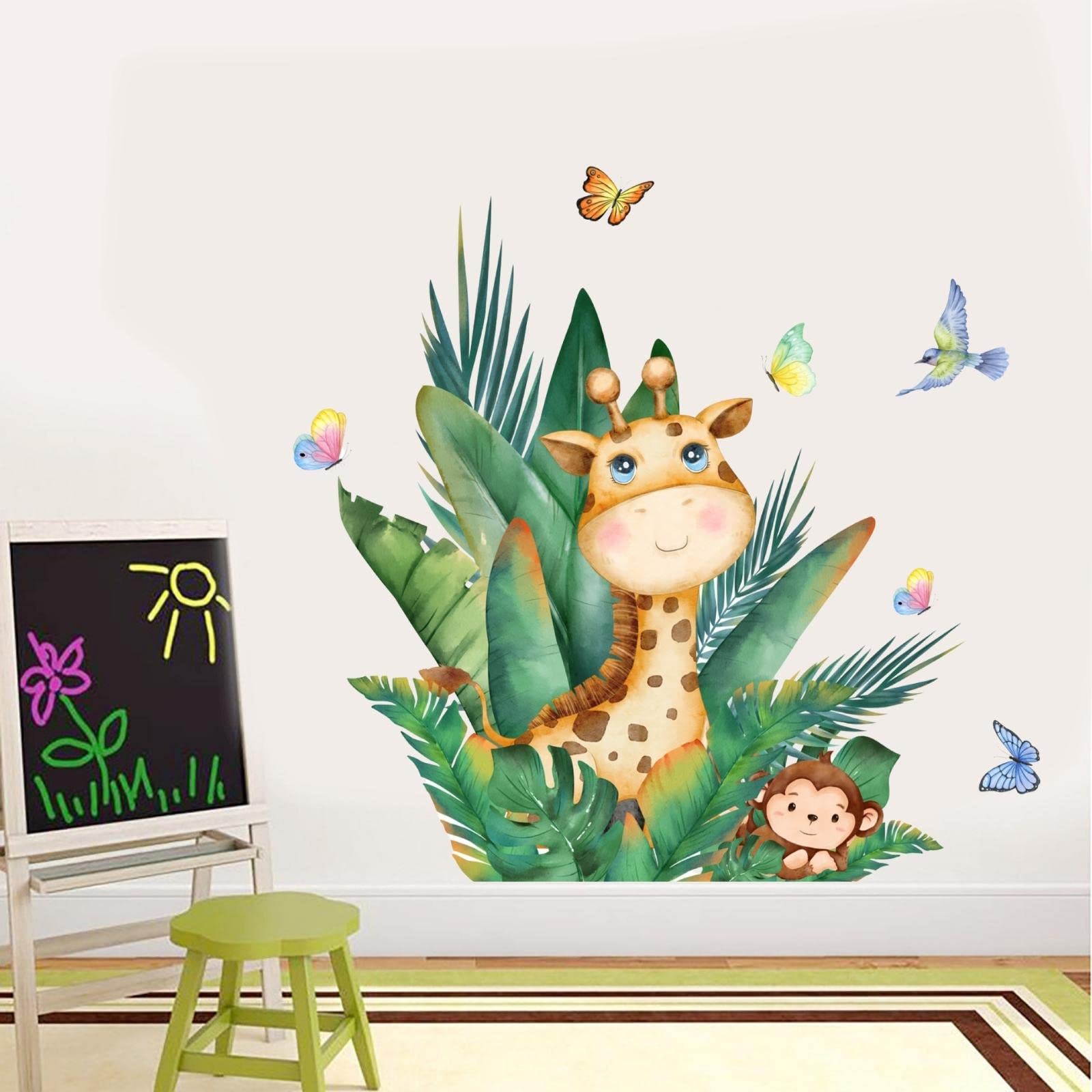 Green Plants Wall Decals Tropical Leaves Giraffe Wall Stickers Lettering Motivational Stickers for Bedroom Living Room Nursery Bathroom Classroom Playroom Home Decor (Animal)