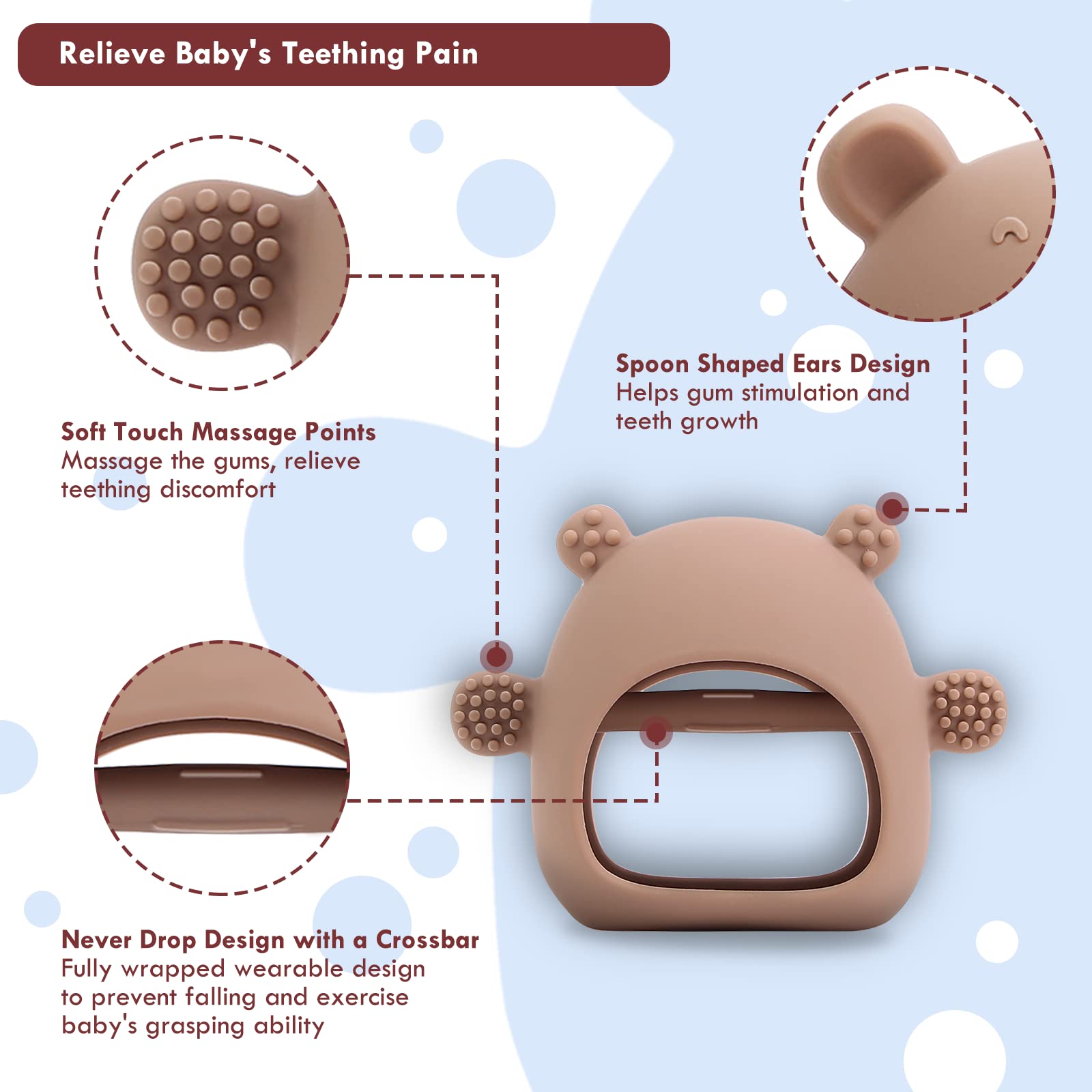 Baby Teether for 0-6 Months 2 Pack Never Drop Baby Teething Toys for 6-12 Months+1 Pack Pacifier Clip,Silicone Baby Chew Toys for Infant Sucking Needs,Baby Toys 3-6 Month Baby Mitten Teether（Brown）