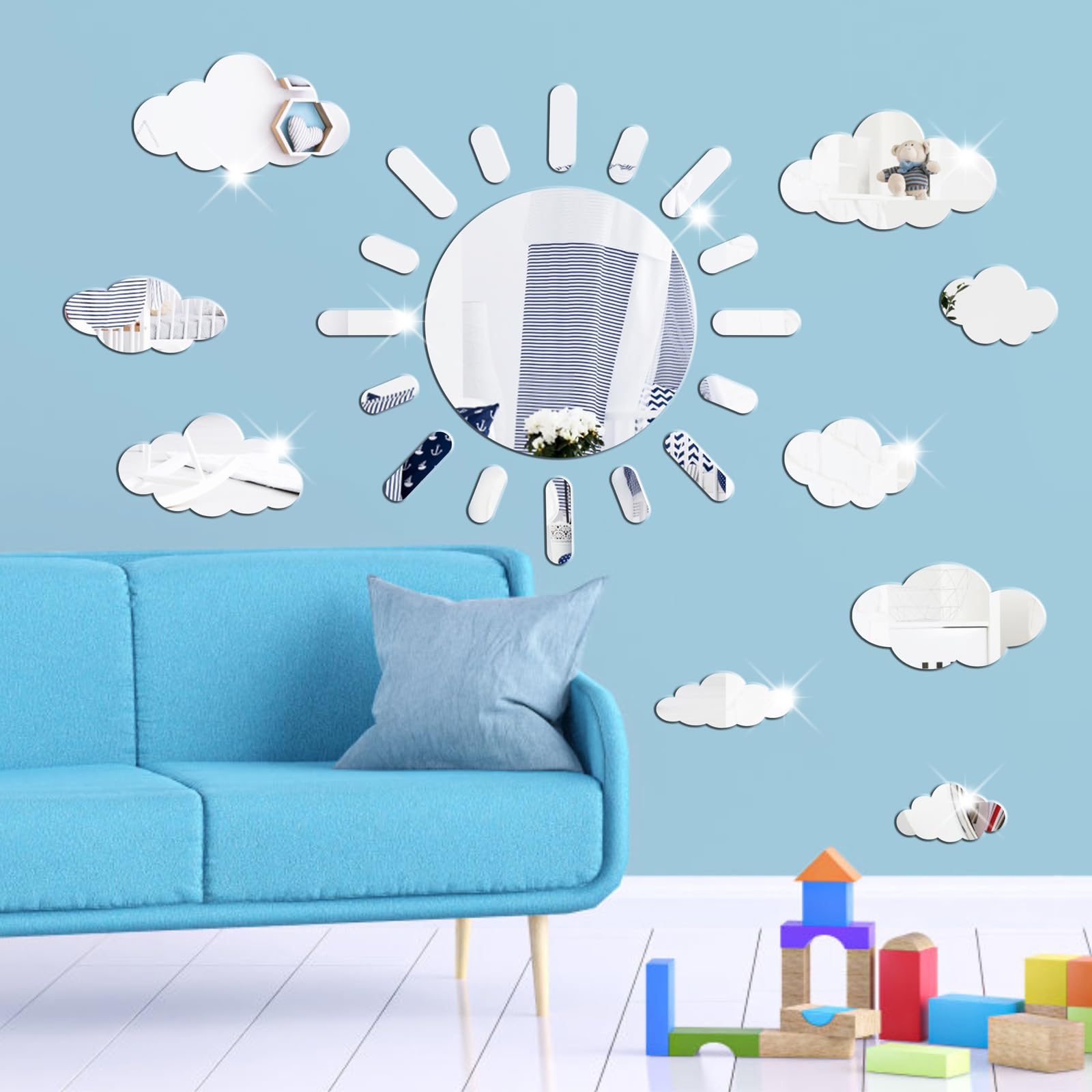 Sun and Cloud Mirror Stickers Decals 3D Acrylic Mirror Wall Stickers Self Adhesive Decorative Silver Removable Peel and Stick for Kids Baby Bedroom Bathroom Playroom Nursery Ceiling Wall Decor