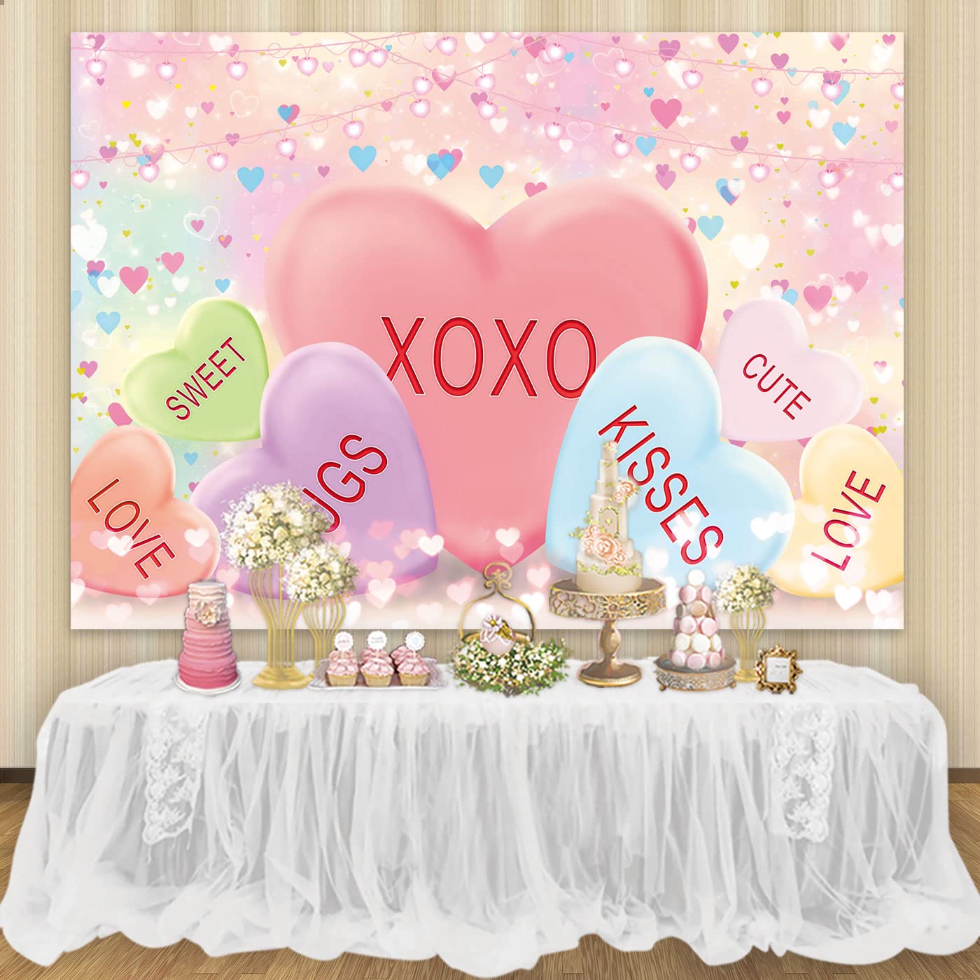 Maijoeyy 7x5ft Valentine's Day Backdrop Sweethearts Candy Conversation Hearts Photography Background for Baby Shower Kids Family Valentine's Day Party Photo Studio Props