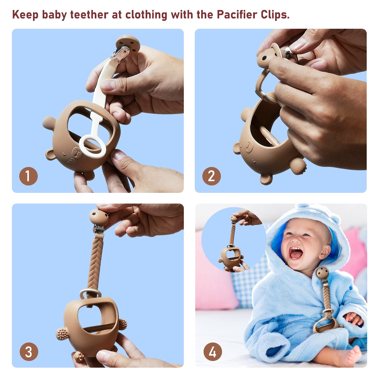 Baby Teether for 0-6 Months 2 Pack Never Drop Baby Teething Toys for 6-12 Months+1 Pack Pacifier Clip,Silicone Baby Chew Toys for Infant Sucking Needs,Baby Toys 3-6 Month Baby Mitten Teether（Brown）