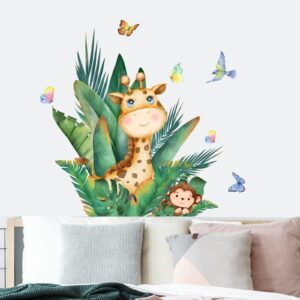 Green Plants Wall Decals Tropical Leaves Giraffe Wall Stickers Lettering Motivational Stickers for Bedroom Living Room Nursery Bathroom Classroom Playroom Home Decor (Animal)