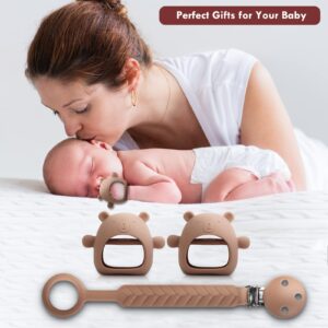 Baby Teether for 0-6 Months 2 Pack Never Drop Baby Teething Toys for 6-12 Months+1 Pack Pacifier Clip,Silicone Baby Chew Toys for Infant Sucking Needs,Baby Toys 3-6 Month Baby Mitten Teether（Brown）