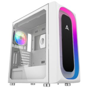 alseye ai-pro white e-atx gaming pc case with pre-installed halo-pro argb fan, led strip in front panel, tempered glass side panel, supports for up to 7 x 120mm fans & 2 x 360mm radiators