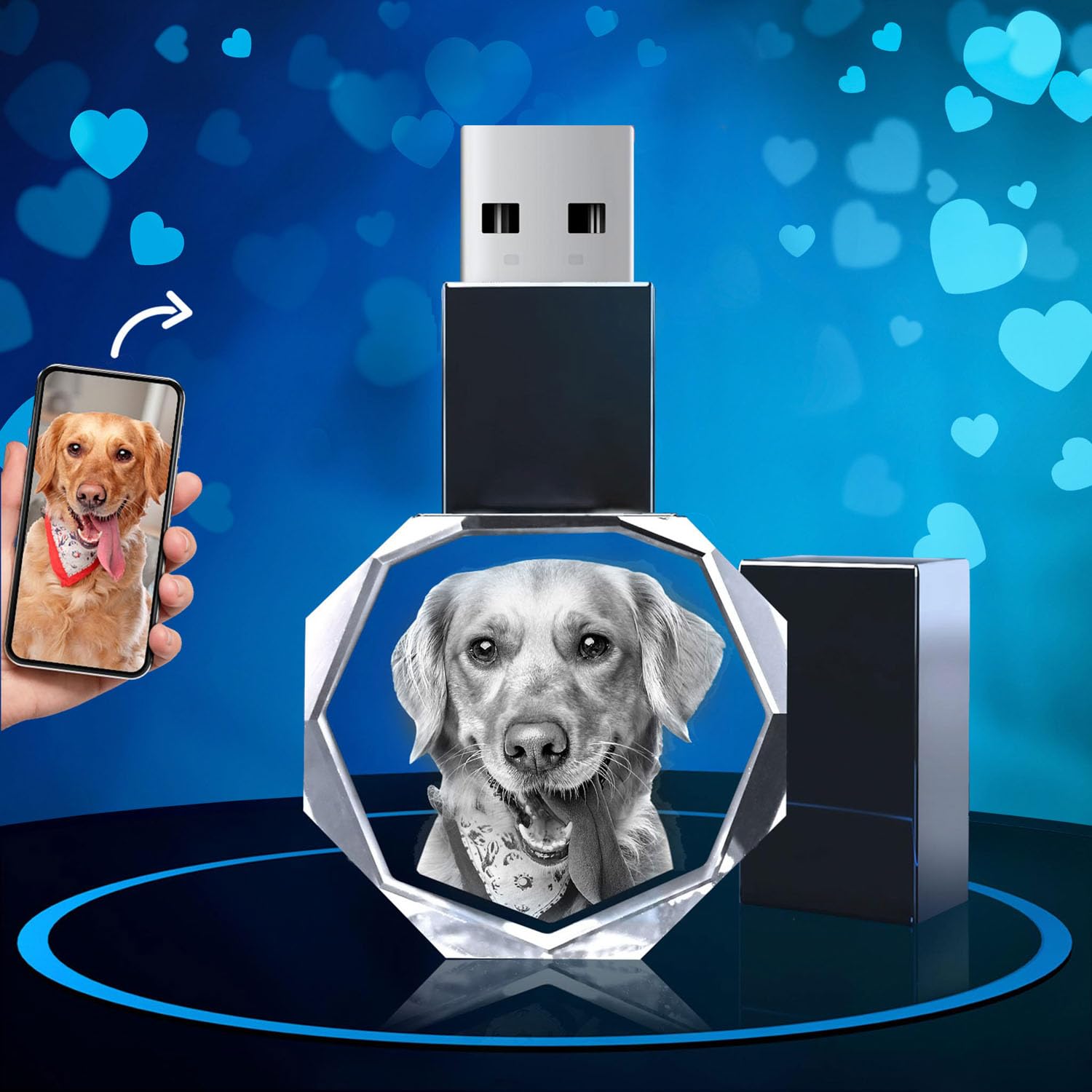 ArtPix 3D Crystal Photo 16GB USB Flash Drive, Custom Valentine's Day Gifts, Octagon