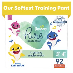 pampers pure protection training pants baby shark - size 3t-4t, 92 count, premium hypoallergenic training underwear