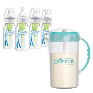 dr. brown's baby formula mixing pitcher 32oz, teal with anti-colic options+ narrow baby bottles, 4 pack, 4 oz