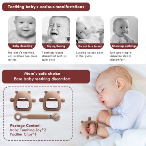 Baby Teether for 0-6 Months 2 Pack Never Drop Baby Teething Toys for 6-12 Months+1 Pack Pacifier Clip,Silicone Baby Chew Toys for Infant Sucking Needs,Baby Toys 3-6 Month Baby Mitten Teether（Brown）