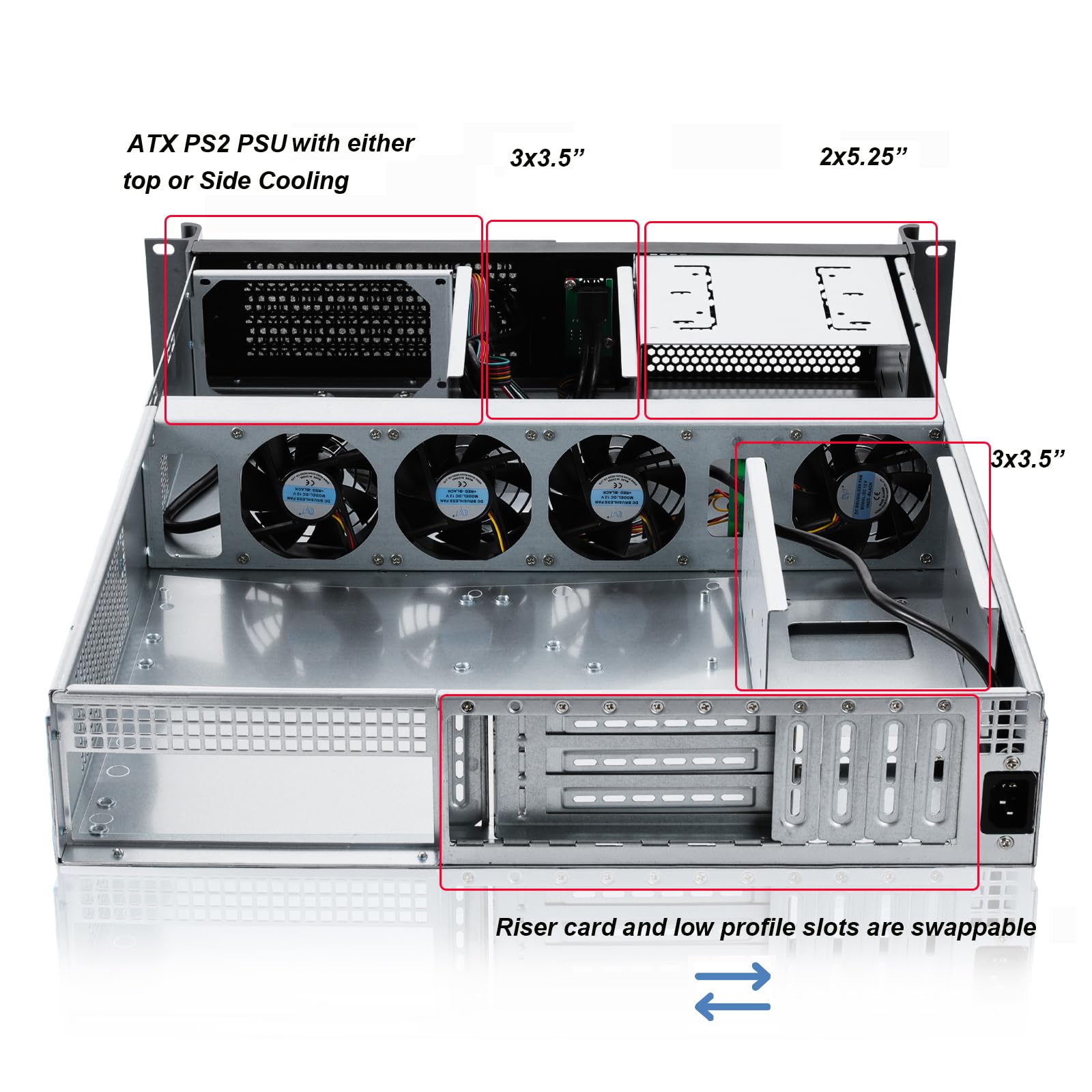 RackChoice 2U Rackmount Server Chassis 2x5.25 + 6x3.5 ATX/MATX Support ATX PSU with Either top or Side Cooling