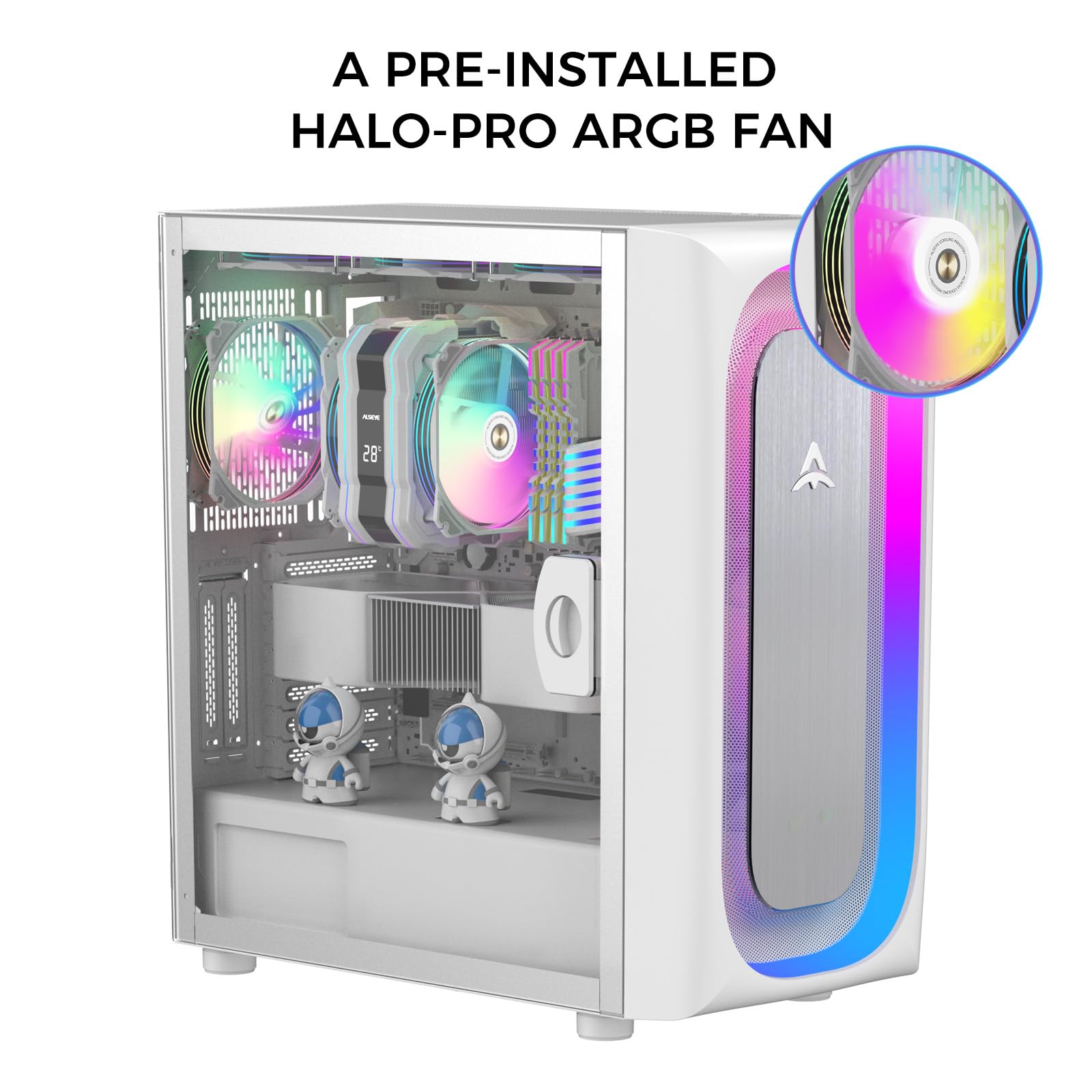 ALSEYE Ai-Pro White E-ATX Gaming PC Case with Pre-Installed Halo-Pro ARGB Fan, LED Strip in Front Panel, Tempered Glass Side Panel, Supports for up to 7 x 120mm Fans & 2 x 360mm Radiators