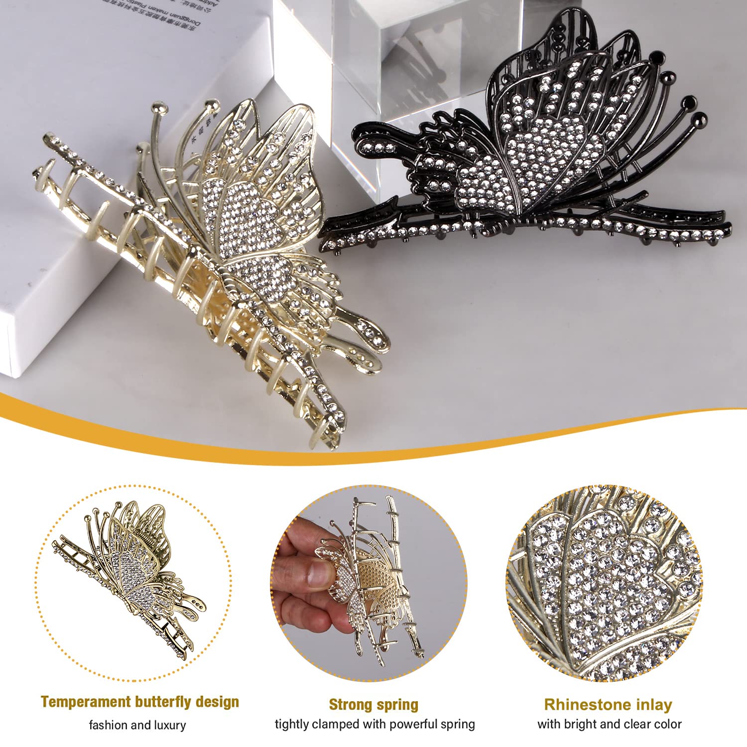 CROWN GUIDE Large Cute Butterfly Claw Clips for Women Girls Curly/Thick/Fine Hair, Big Rhinestone Hair Clips, Strong Hold Hair jumbo Jaw Clip Hair Styling Accessories