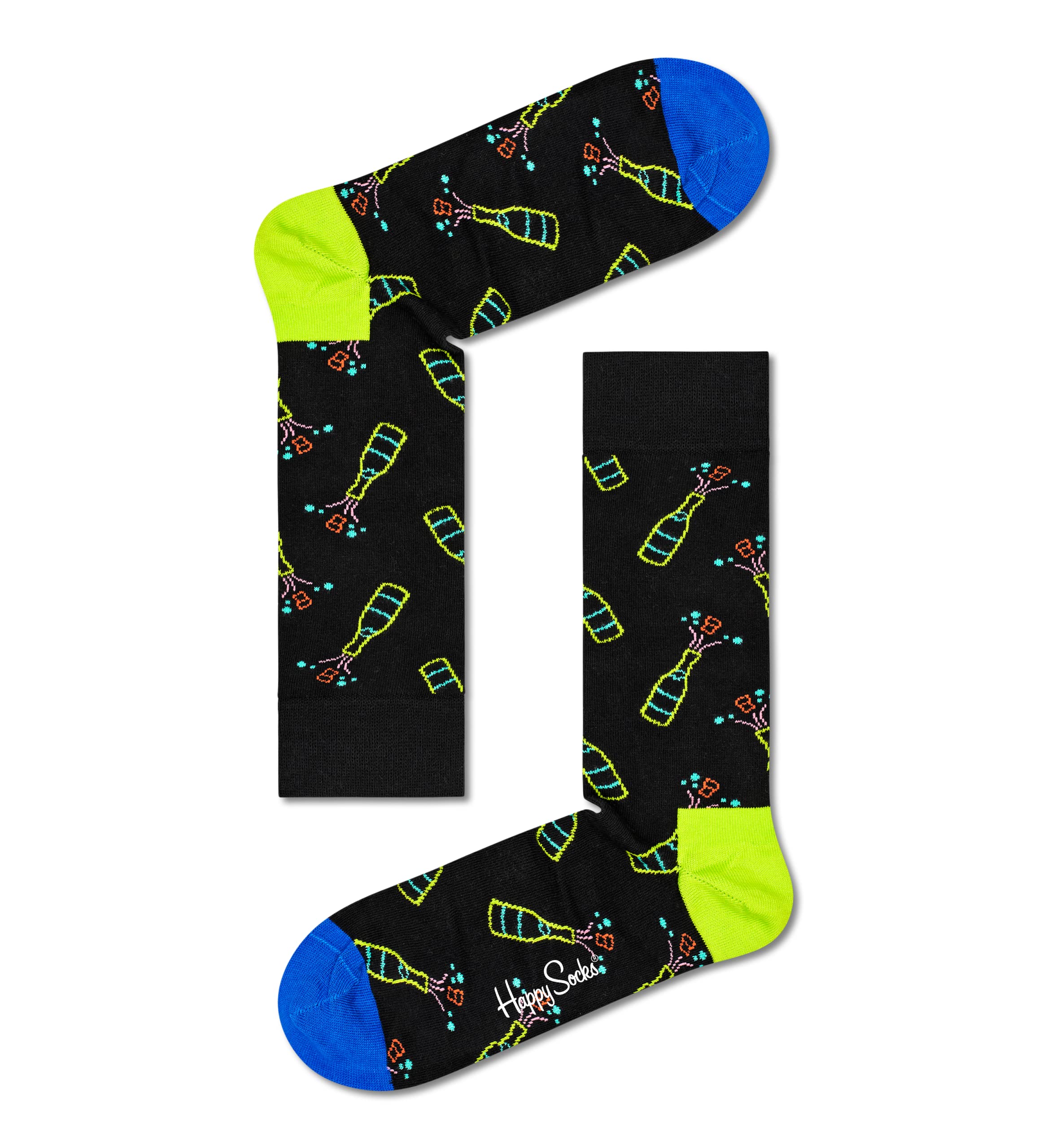 Happy Socks Pop Champagne Party Sock - for Men and Women, Made with Sustainable Cotton- Black and Neon- Size 10-13 (2-Pack with Gift Box)