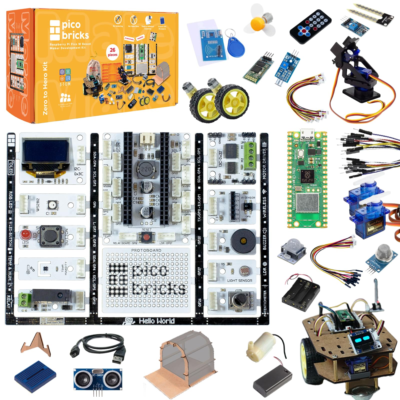 PicoBricks Raspberry Pi Pico W Starter Kit - 26 Pieces DIY Project Kit with 3 Learning Book and 25 Project Videos, Raspberry Pi Starter Kit, Raspberry pi pico, Raspberry pi kit