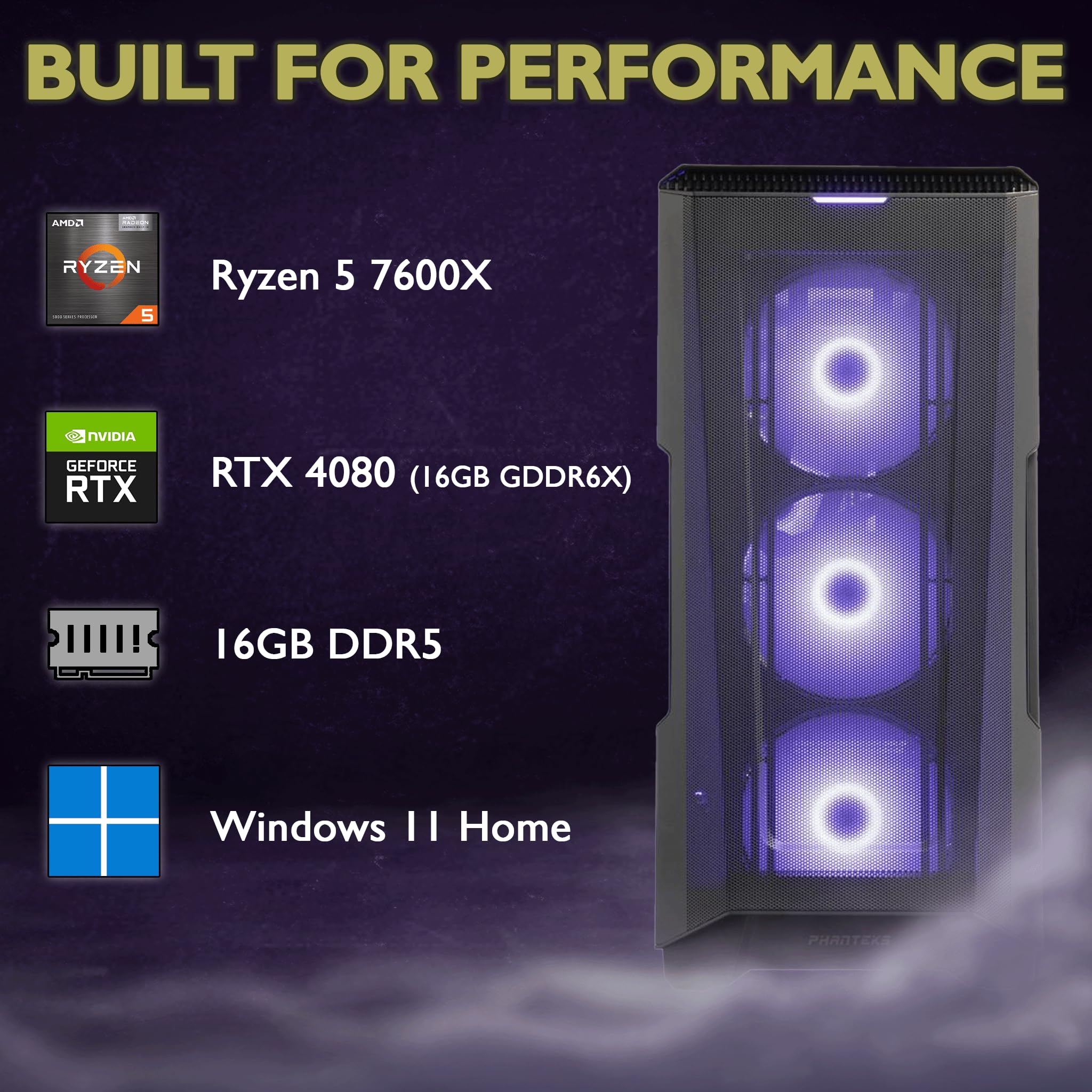 Cobratype Wutu Hero Desktop Gaming PC - AMD Ryzen 5 7600X, RTX 4080, 16 GB DDR5 RAM, 1 TB NVMe, AIO Liquid Cooler, Windows 11