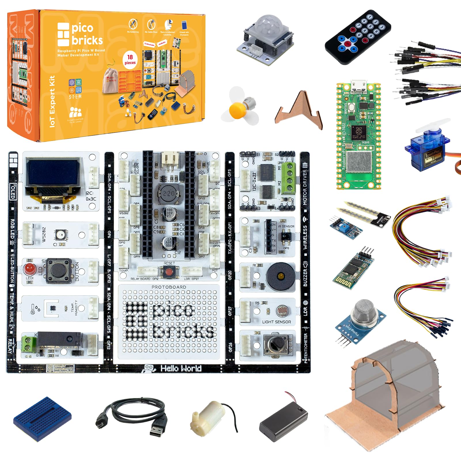 Picobricks Raspberry Pi Pico W Starter Kit with 12 Detachable Sensors and Extensive Learning Guide, Raspberry Pi Kit, Raspberry Pi Starter Kit, DIY Coding Kit