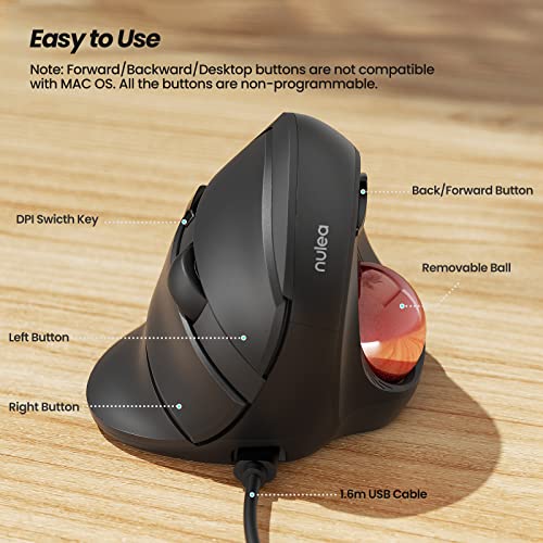 Nulea Wired Trackball Mouse for Large Hand, Vertical Ergonomic Mouse with Trackball, Easy Thumb Control with 5 Adjustable DPI, Precise & Smooth Tracking, Compatible for PC, Laptop, Mac, Windows