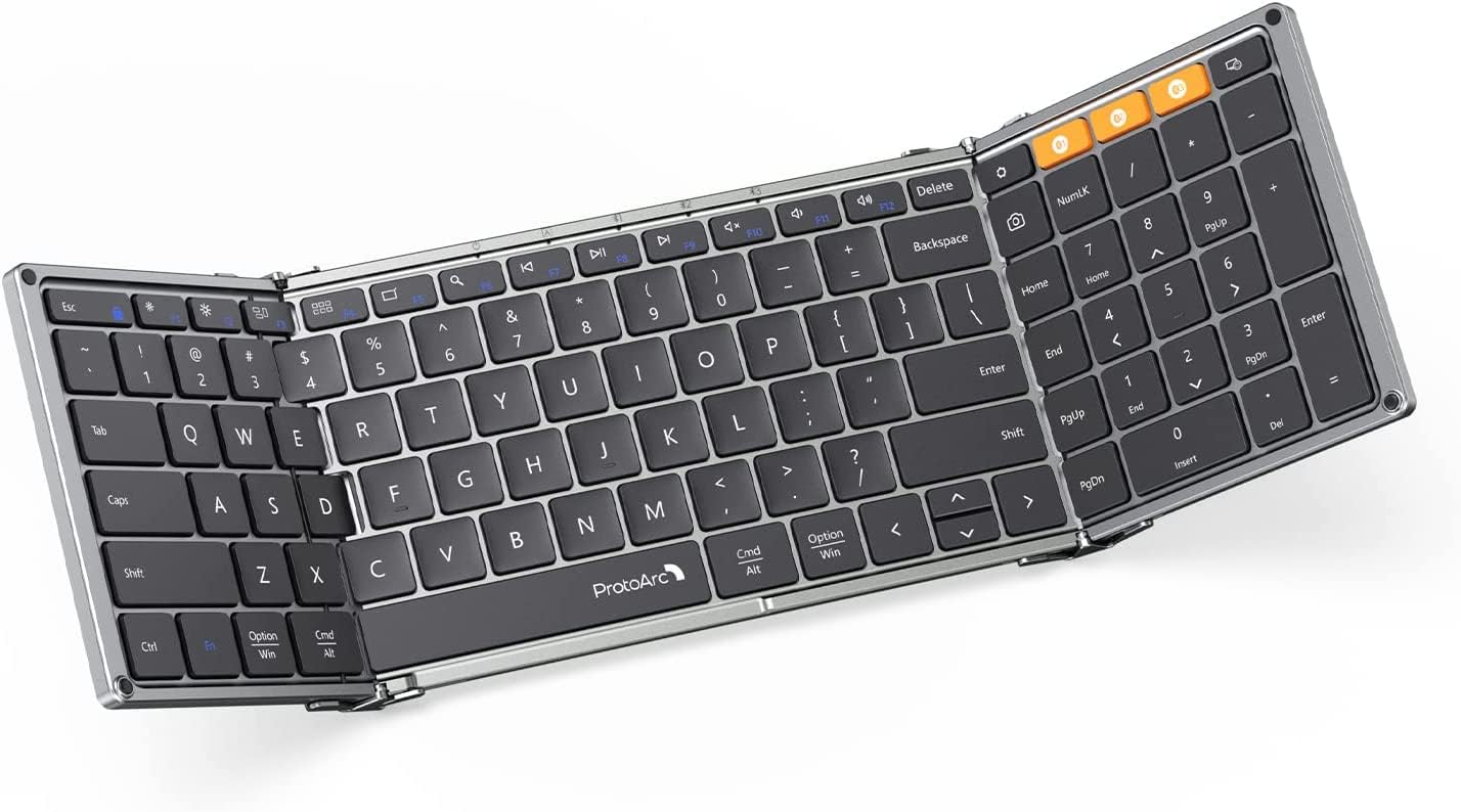 ProtoArc Foldable Bluetooth Keyboard, XK01 Folding Wireless Portable Keyboard with Numeric Keypad, Full-Size Travel Keyboard for iPad Tablet Smartphone Laptop PC Windows iOS Android, Space Gray