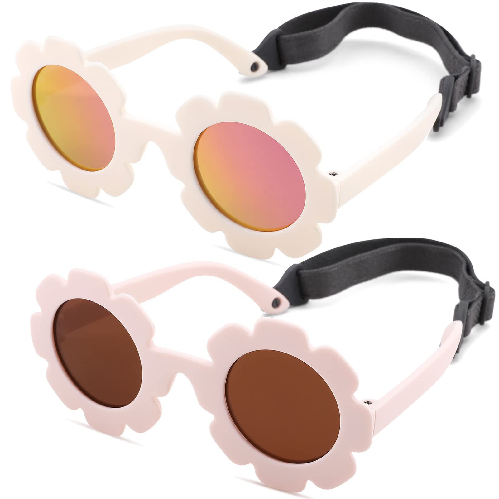 COASION Bendable Flexible Polarized Newborn Baby Flower Sunglasses with Strap for Infant Girls Boys Age 0-24 Months (White/Orange Mirror + Beige/Brown)