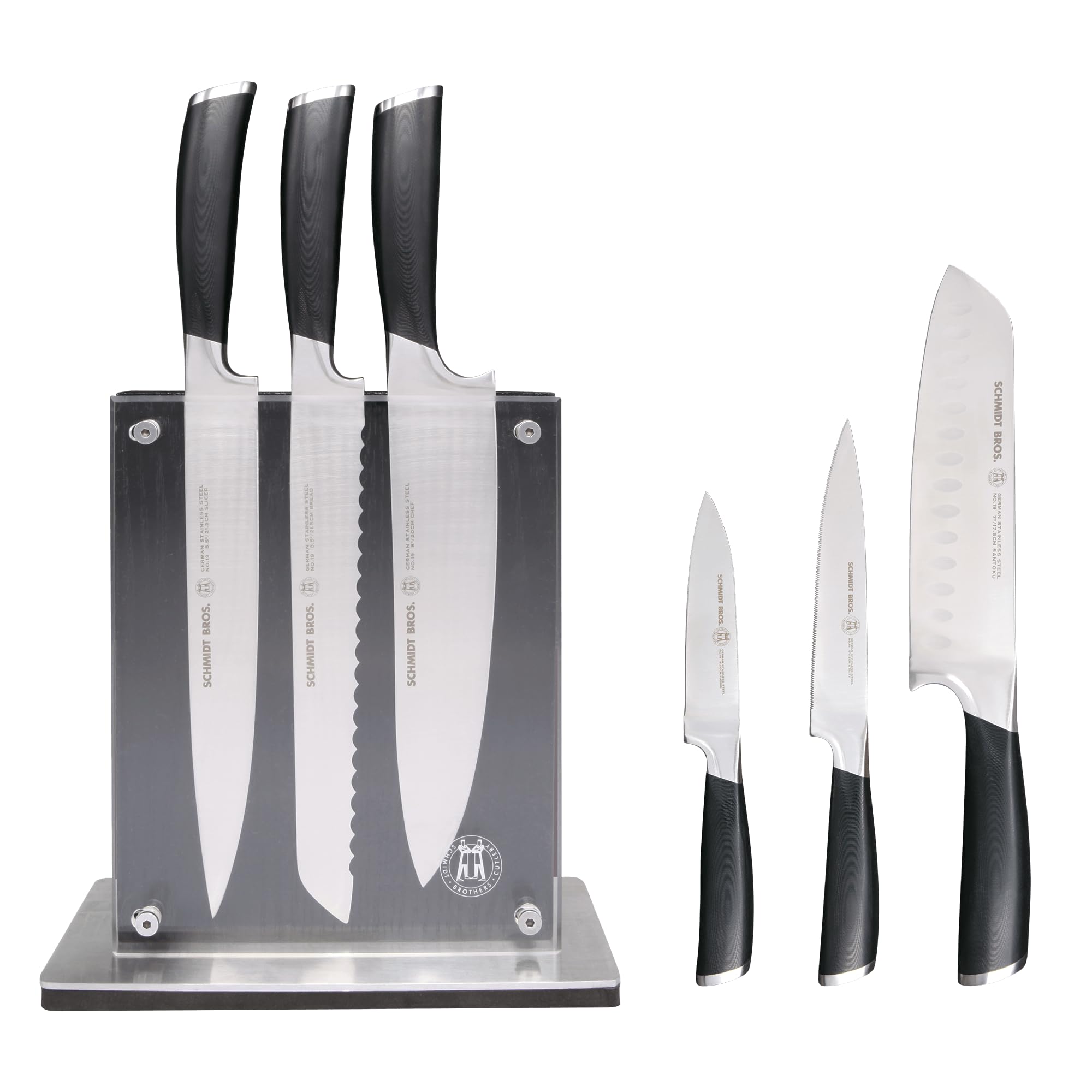 Schmidt Brothers - Heritage 7-Piece Kitcken Knife Set, High-Carbon German Stainless Steel Cutlery, and Clear Acrylic Magnetic Block Set