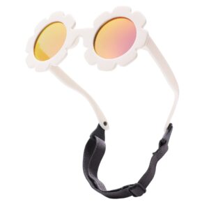 COASION Bendable Flexible Polarized Newborn Baby Flower Sunglasses with Strap for Infant Girls Boys Age 0-24 Months (White/Orange Mirror + Beige/Brown)