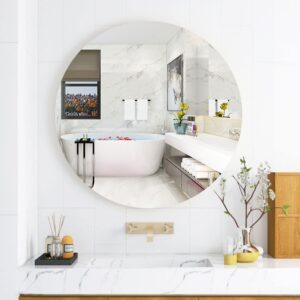 DARENYI 12 inch Glass Round Mirror, Frameless Wall Mounted Mirror Self Adhesive Circle Mirror, Round Mirror Plate Trays for Home Bathroom Living Room