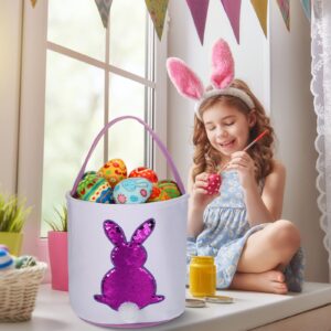 Jexine 12 Pcs Easter Bunny Basket Bags Bulk for Kids Gift Bucket Easter Eggs Hunt Basket with Handle Bunny Tote Bag Carry Bucket Rabbit Fluffy Tails Bags for Easter Party Decorations (Sequin Style)