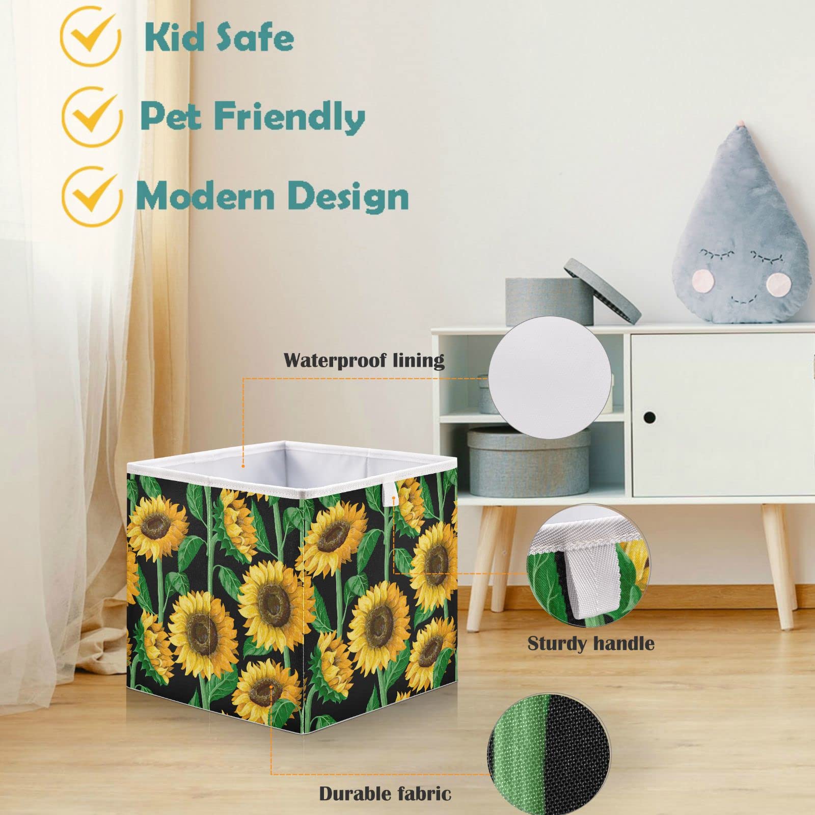 visesunny Closet Baskets Sunflower Storage Bins Fabric Baskets for Organizing Shelves Foldable Storage Cube Bins for Clothes, Toys, Baby Toiletry, Office Supply