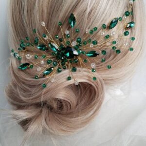 Teyglen Bridal Wedding Gold Crystal Hair Comb Green Rhinestone Crystal Side Hair Comb Flower Crystal Headpiece Bride Hair Accessories for Women and Girls