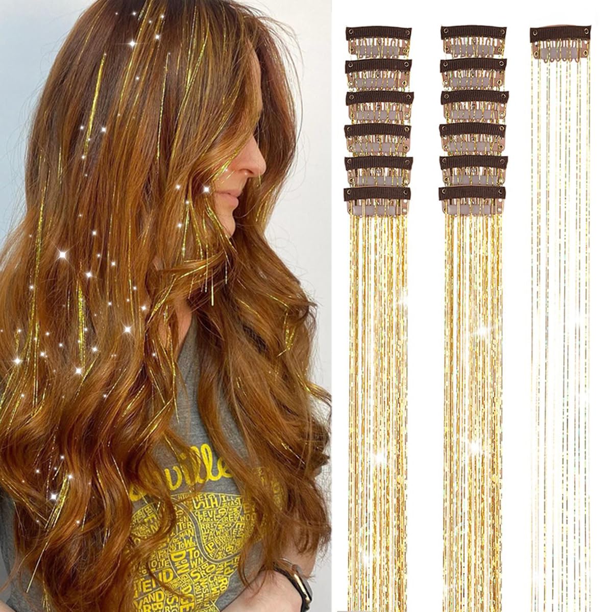 Gold Hair Tinsel Packs of 12Pcs Clip in Hair Tinsel Kit 20.5 inch Fairy Hair Tinsel Heat Resistant for Women Girls Glitter Hair Extensions for Christmas New Year Halloween Cosplay Party (Golden)