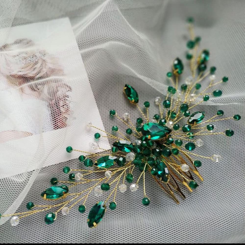 Teyglen Bridal Wedding Gold Crystal Hair Comb Green Rhinestone Crystal Side Hair Comb Flower Crystal Headpiece Bride Hair Accessories for Women and Girls