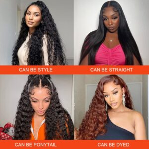 Water Wave Lace Front Wigs Human Hair Pre Plucked HD Transparent Deep Wave Lace Front Wigs for Black Women 13X4 Wet and Wavy Lace Frontal Wigs with Baby Hair 180% Density Glueless Curly Wigs 22inch