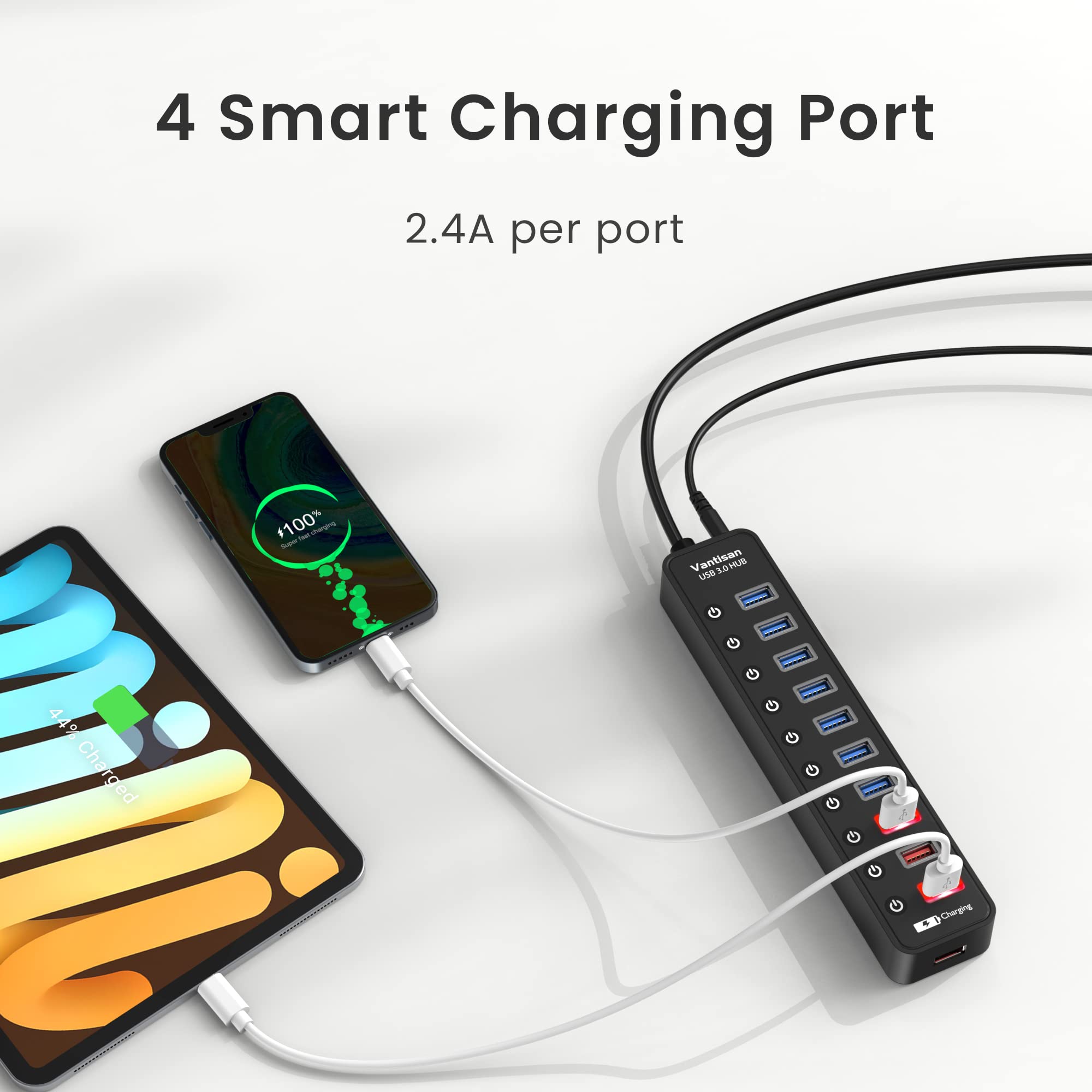 vantisan Powered USB 3.0 hub, 11-Port USB Hub Splitter Extension 7 USB 3.0 Data Ports + 4 Smart Charging Ports with Individual LED On/Off Switches and 12V/3A Power Adapter for USB Devices.