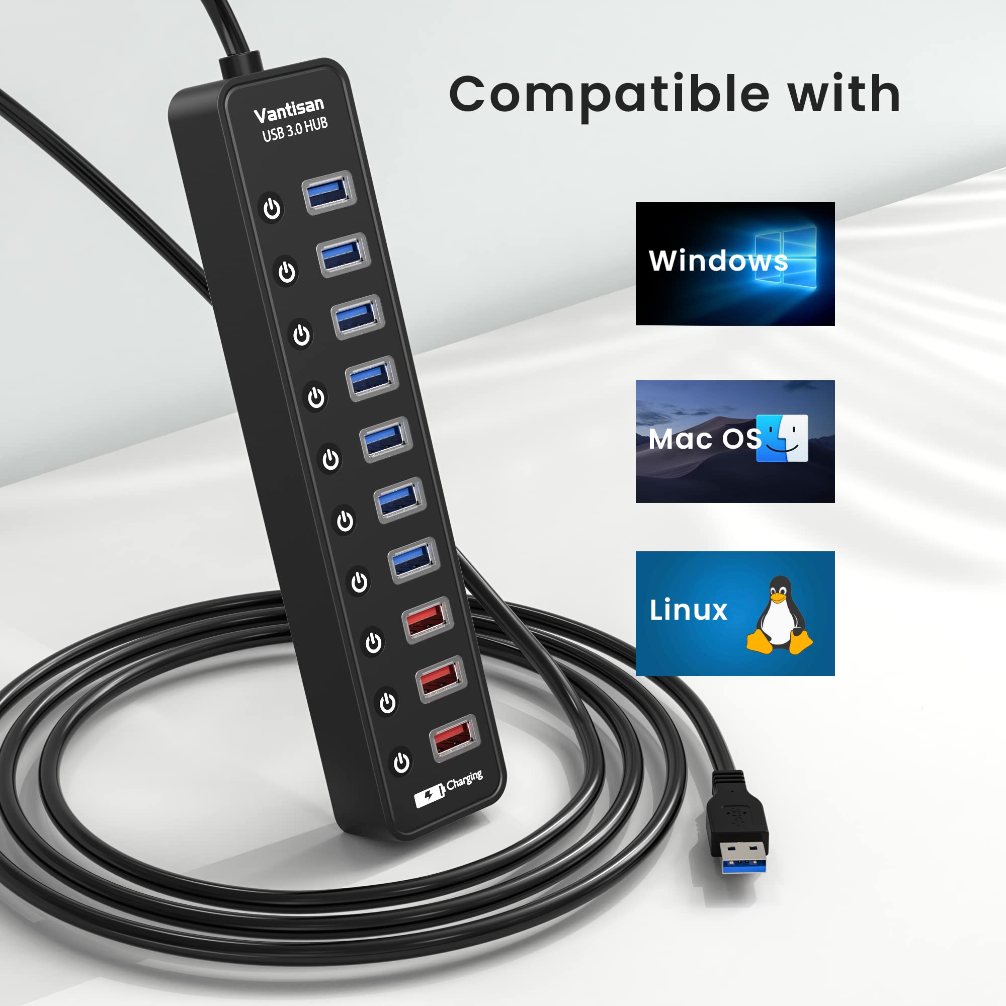 vantisan Powered USB 3.0 hub, 11-Port USB Hub Splitter Extension 7 USB 3.0 Data Ports + 4 Smart Charging Ports with Individual LED On/Off Switches and 12V/3A Power Adapter for USB Devices.