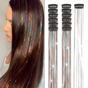 hair tinsel 12pcs clip in rainbow hair accessories 20.5 inch fairy hair tinsel kit for women girls kids glitter hair extensions for christmas halloween new year party (rainbow)