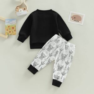 KOSUSANILL 2PCS Baby Boy Outfit Western Baby Boy Clothes Cow Print Sweatshirt Top Solid Color Drawstring Pants Fall Winter Outfits (Black, 6-12 Months)