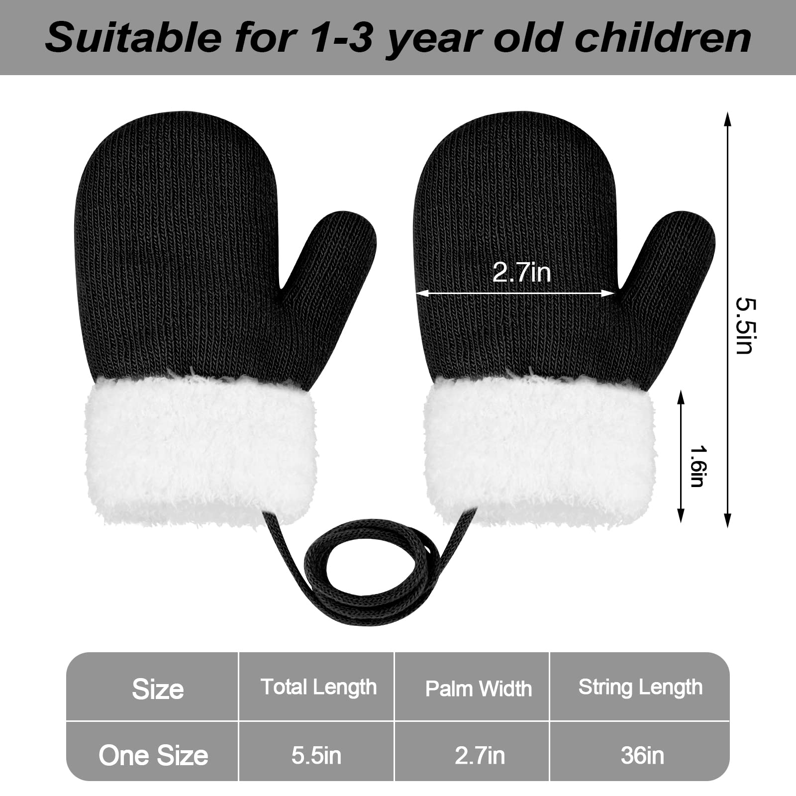 ONESING 2 Pair Toddler Mittens Baby Mittens Toddler Gloves Newborn Mittens Warm Gloves Knit Gloves Winter Gloves for baby Girls Boys, Black, Grey