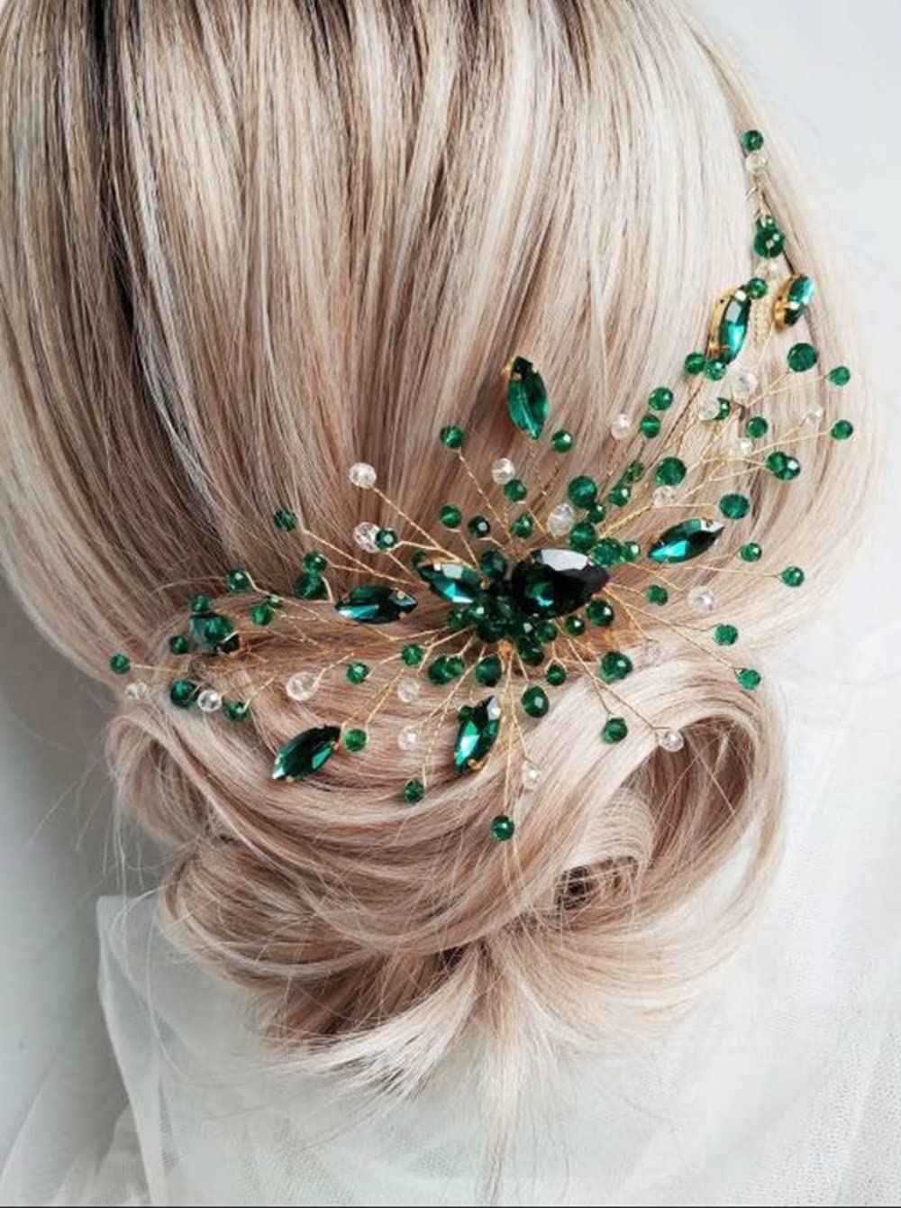 Teyglen Bridal Wedding Gold Crystal Hair Comb Green Rhinestone Crystal Side Hair Comb Flower Crystal Headpiece Bride Hair Accessories for Women and Girls