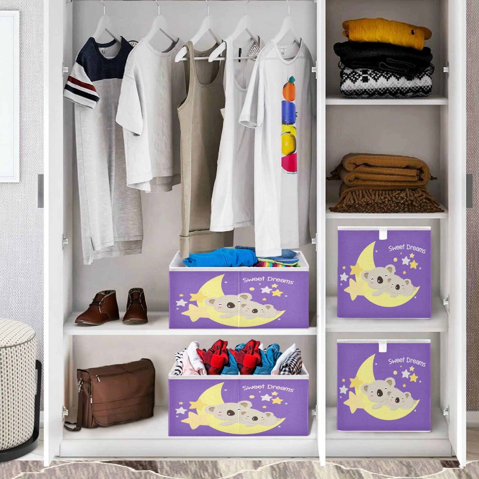 visesunny Closet Baskets Bear on The Moon Sweet Dream Storage Bins Fabric Baskets for Organizing Shelves Foldable Storage Cube Bins for Clothes, Toys, Baby Toiletry, Office Supply