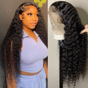 water wave lace front wigs human hair pre plucked hd transparent deep wave lace front wigs for black women 13x4 wet and wavy lace frontal wigs with baby hair 180% density glueless curly wigs 22inch