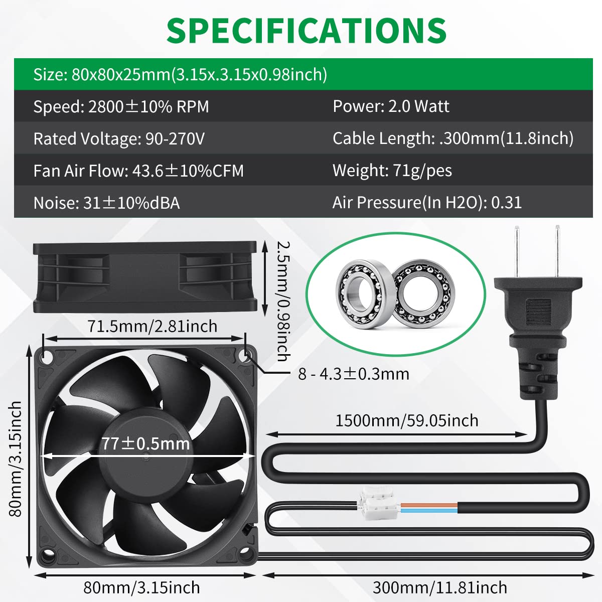 WDERAIR EC Axial 80mm x 25mm 3 inch Muffin Cooling Fan 110V 120V 220V 240V Dual Ball Small Fan for DIY Electronics Equipment PC Case Cabinet Incubator Terrarium Project Cooling