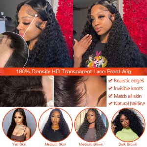 Water Wave Lace Front Wigs Human Hair Pre Plucked HD Transparent Deep Wave Lace Front Wigs for Black Women 13X4 Wet and Wavy Lace Frontal Wigs with Baby Hair 180% Density Glueless Curly Wigs 22inch