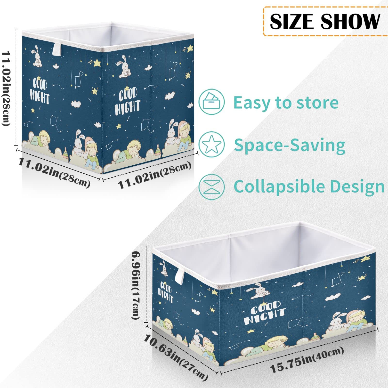 visesunny Closet Baskets Cute Rabbit Good Night Storage Bins Fabric Baskets for Organizing Shelves Foldable Storage Cube Bins for Clothes, Toys, Baby Toiletry, Office Supply