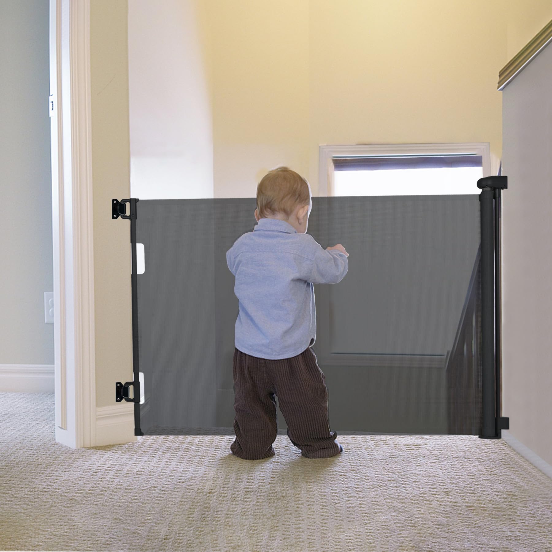 Fijinhom Retractable Baby Gate Indoor Outdoor Safety Gate for Baby and Dog Gate Extends to 55'' Wide 35'' Tall Child Safety Gate Mesh Gate for Stairs, Door