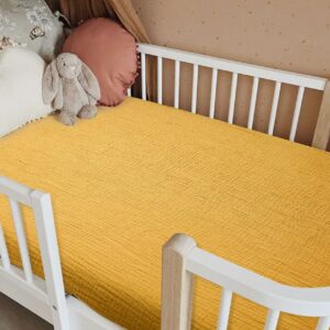 Crib Sheets for Boys Girl, Fitted Baby Toddler Bed Sheets 28" x 52", Neutral Muslin Cotton Crib Mattress Sheet with Boho Style, Soft and Breathable Comfort (Mustard Yellow, Crib Sheet)