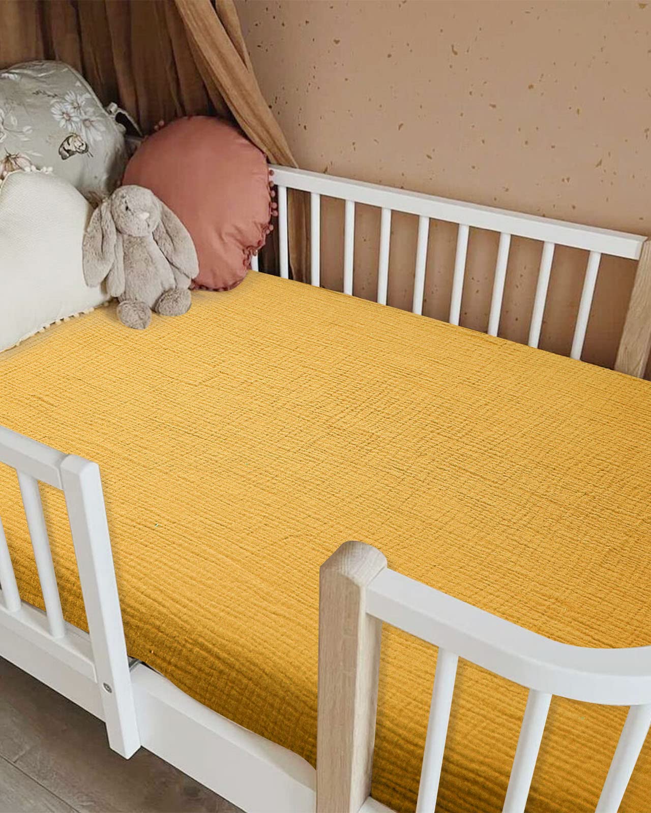 Crib Sheets for Boys Girl, Fitted Baby Toddler Bed Sheets 28" x 52", Neutral Muslin Cotton Crib Mattress Sheet with Boho Style, Soft and Breathable Comfort (Mustard Yellow, Crib Sheet)