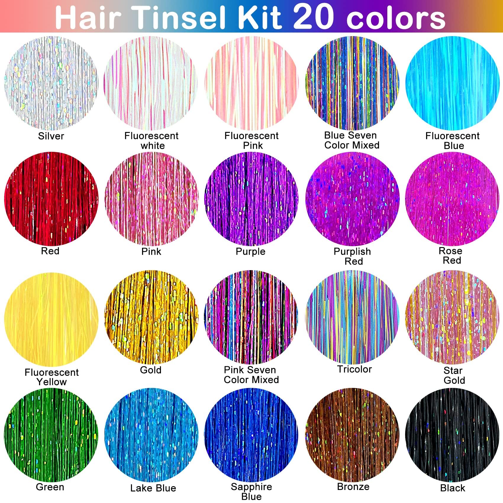 GrennMauler Hair Tinsel Kit (48 Inch, 20 Colors, 4800 strands), Tinsel Hair Extensions with Tools， Heat Resistant Fairy Hair Tinsel Kit for Women Hair Accessories